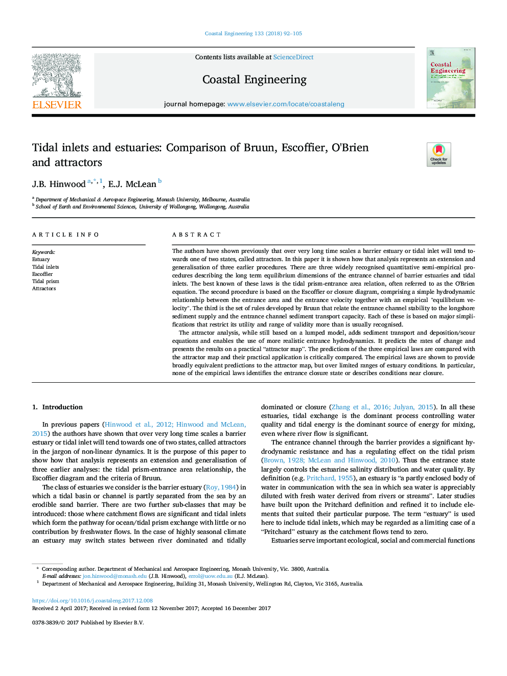 عکس صفحه اول مقاله: Tidal inlets and estuaries: Comparison of Bruun, Escoffier, O'Brien and attractors Tidal inlets and estuaries: Comparison of Bruun, Escoffier, O'Brien and attractors