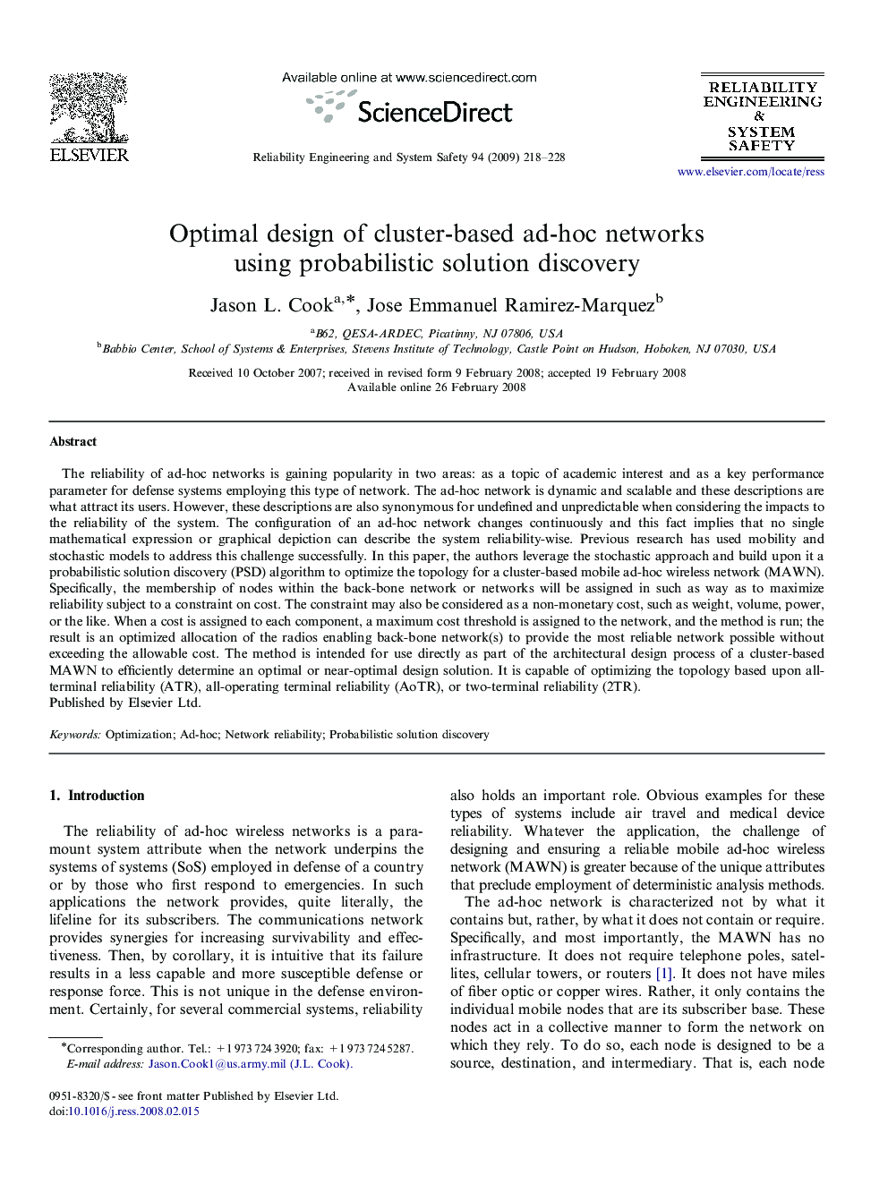 Optimal design of cluster-based ad-hoc networks using probabilistic solution discovery