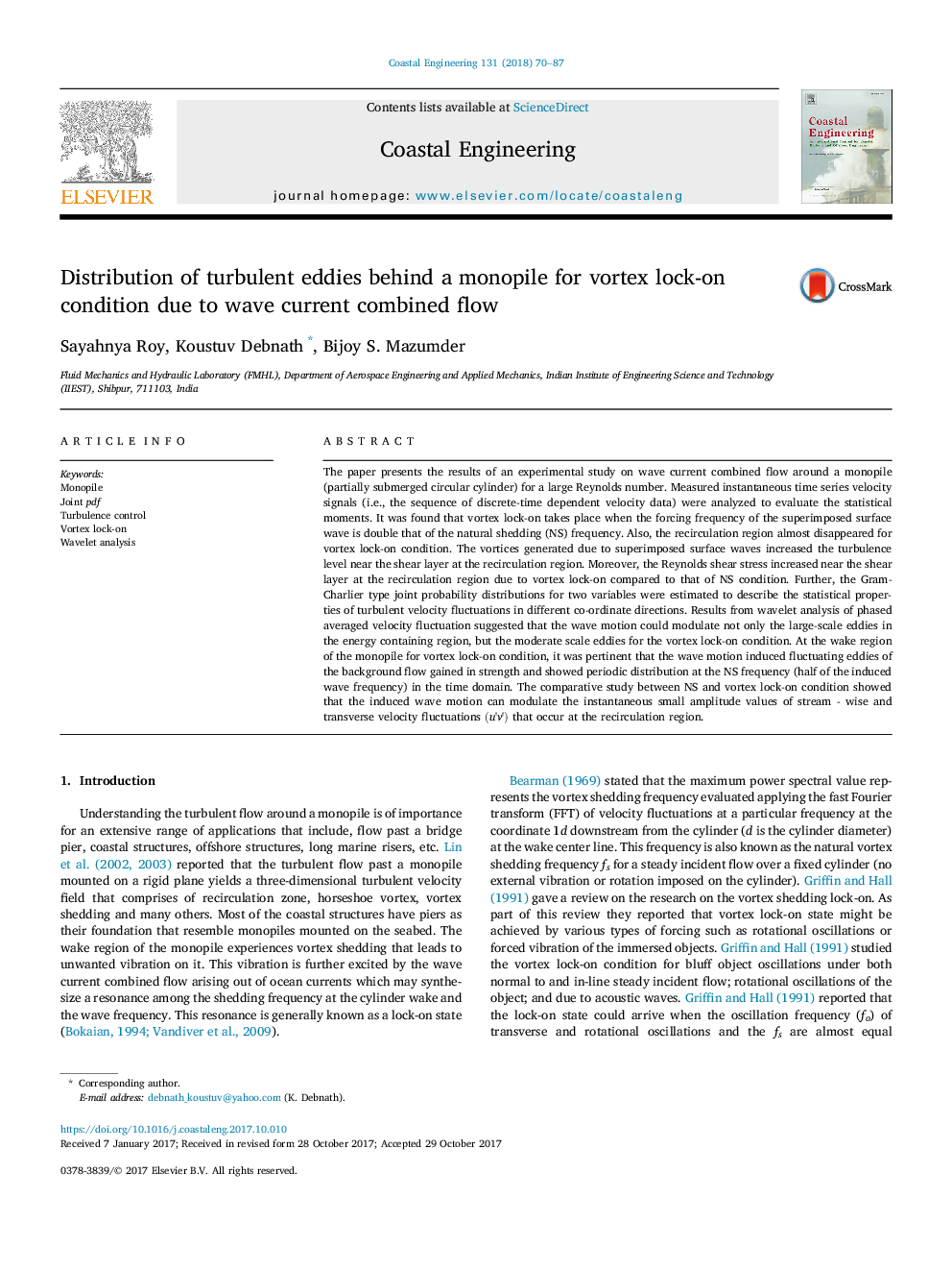 Distribution of turbulent eddies behind a monopile for vortex lock-on condition due to wave current combined flow