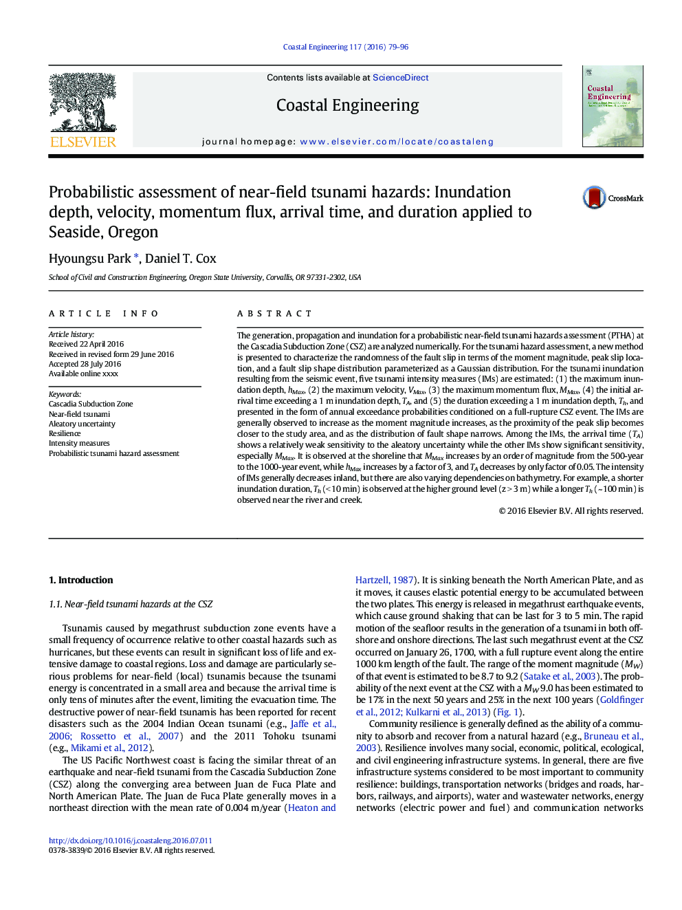 Probabilistic assessment of near-field tsunami hazards: Inundation depth, velocity, momentum flux, arrival time, and duration applied to Seaside, Oregon