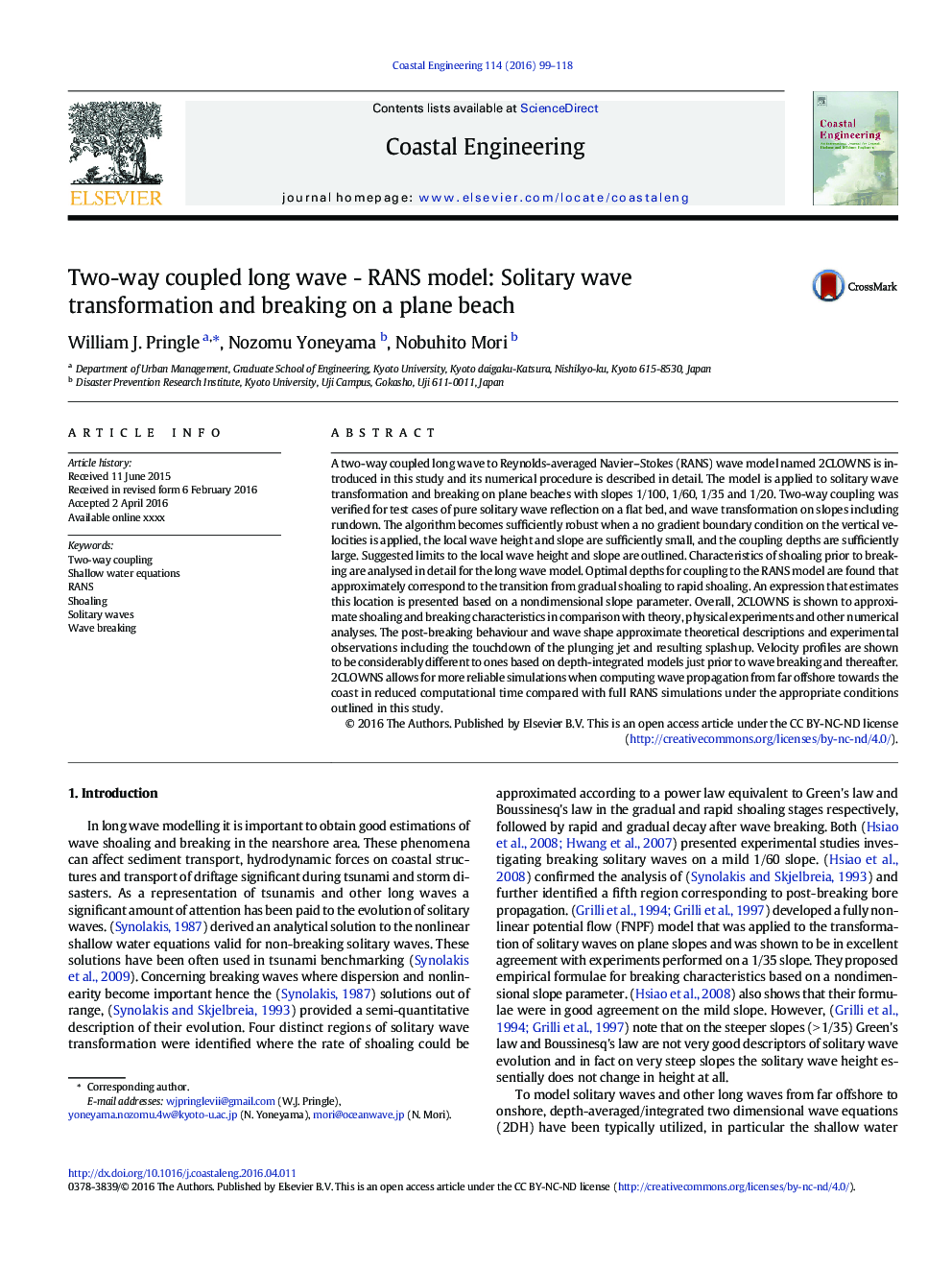 Two-way coupled long wave - RANS model: Solitary wave transformation and breaking on a plane beach