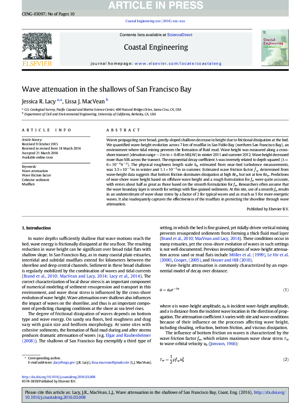 Wave attenuation in the shallows of San Francisco Bay