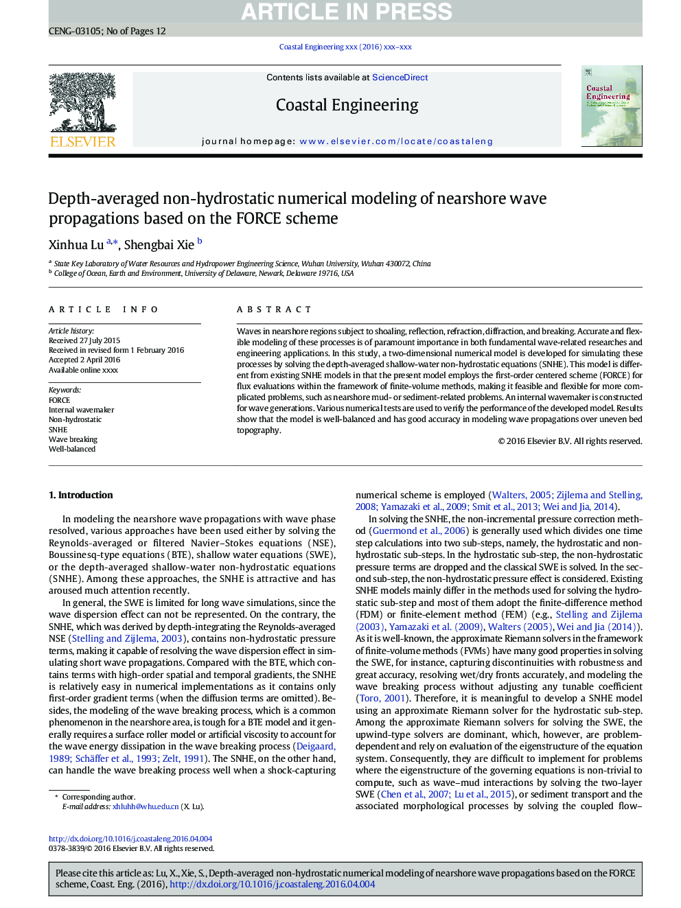 Depth-averaged non-hydrostatic numerical modeling of nearshore wave propagations based on the FORCE scheme