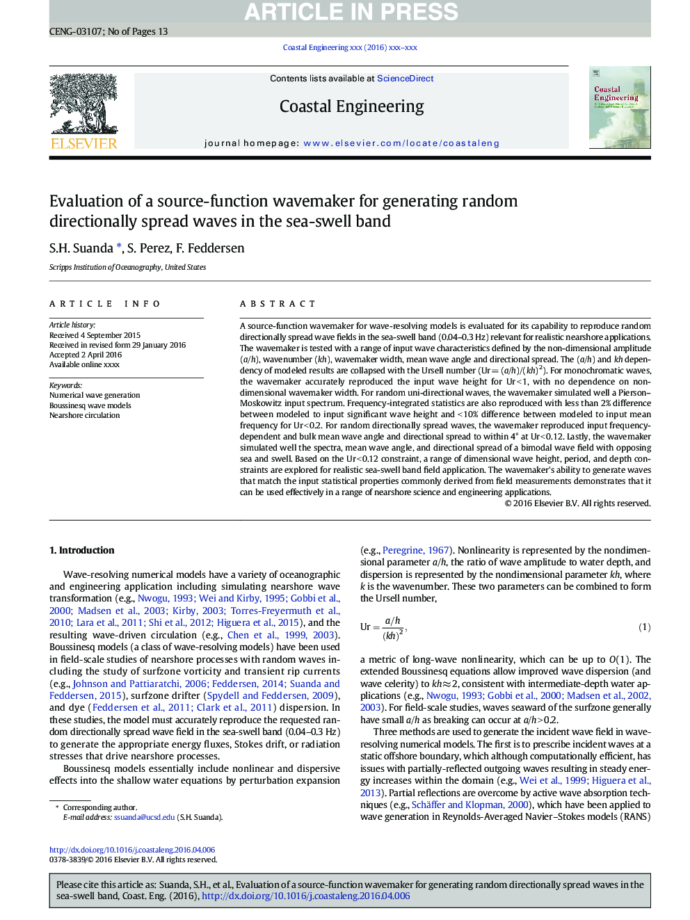 Evaluation of a source-function wavemaker for generating random directionally spread waves in the sea-swell band