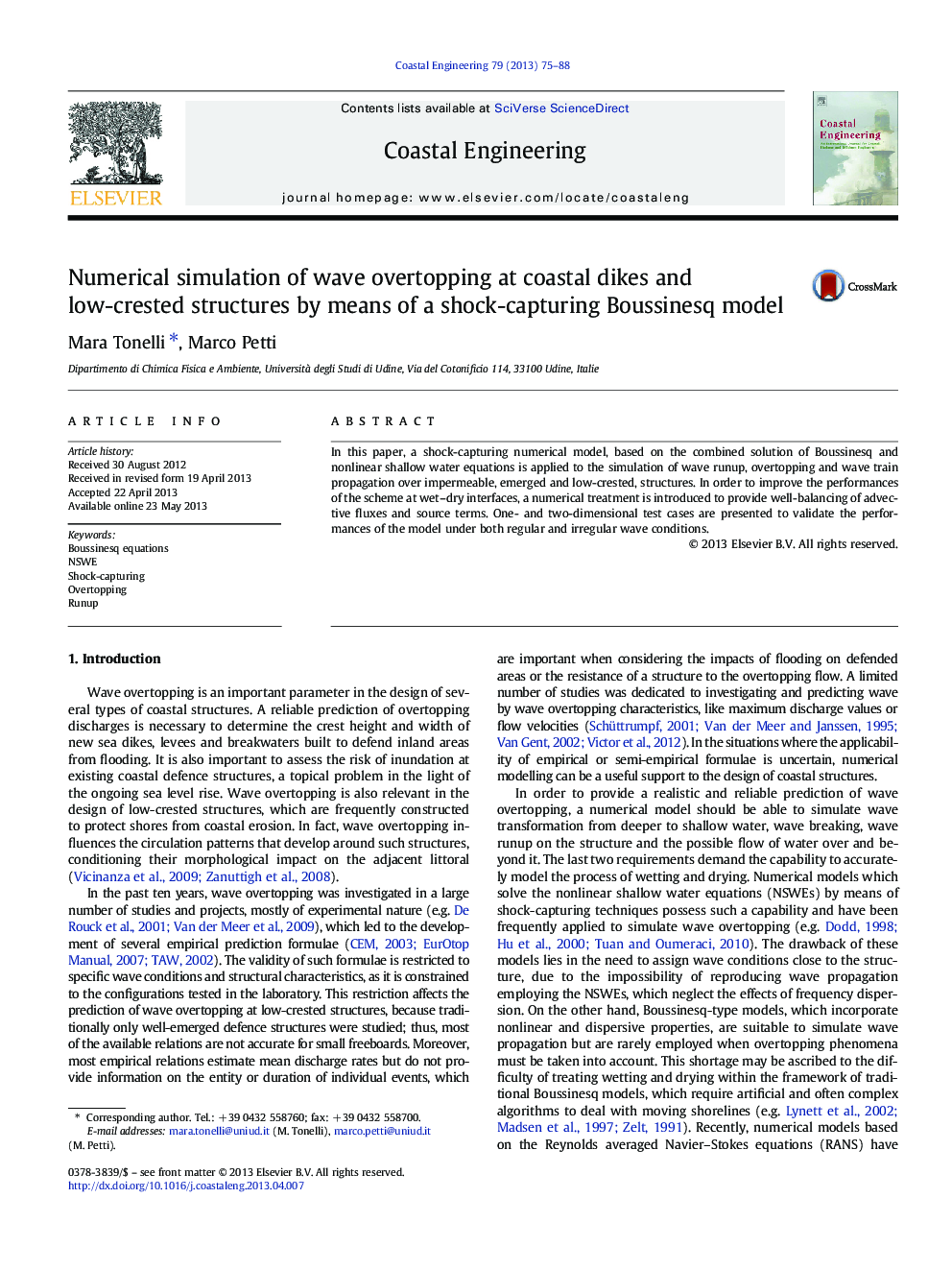 Numerical simulation of wave overtopping at coastal dikes and low-crested structures by means of a shock-capturing Boussinesq model