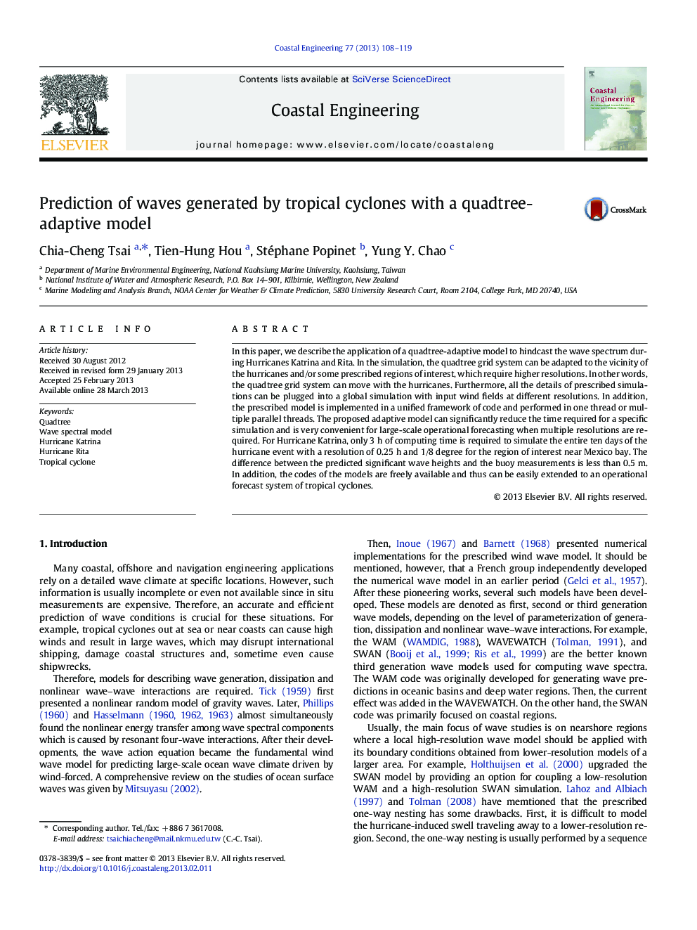 Prediction of waves generated by tropical cyclones with a quadtree-adaptive model