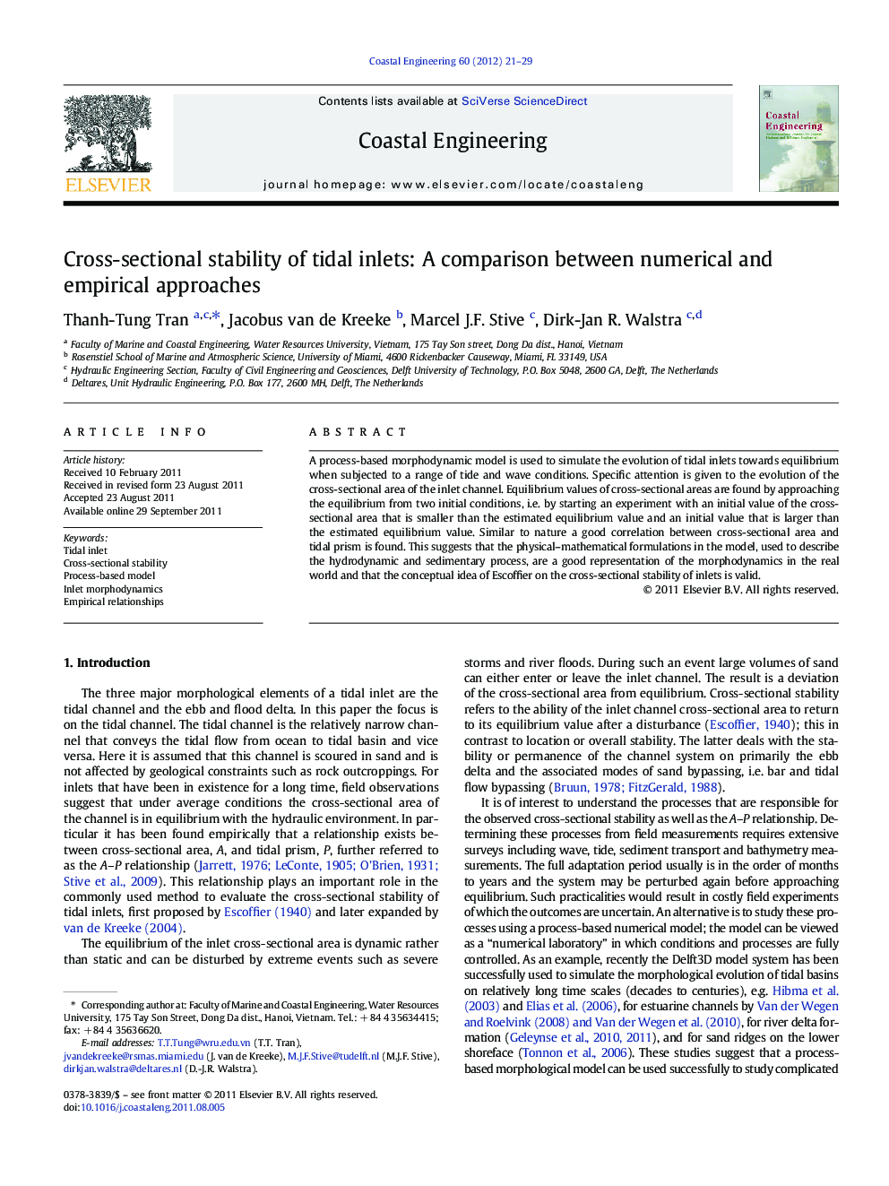 Cross-sectional stability of tidal inlets: A comparison between numerical and empirical approaches