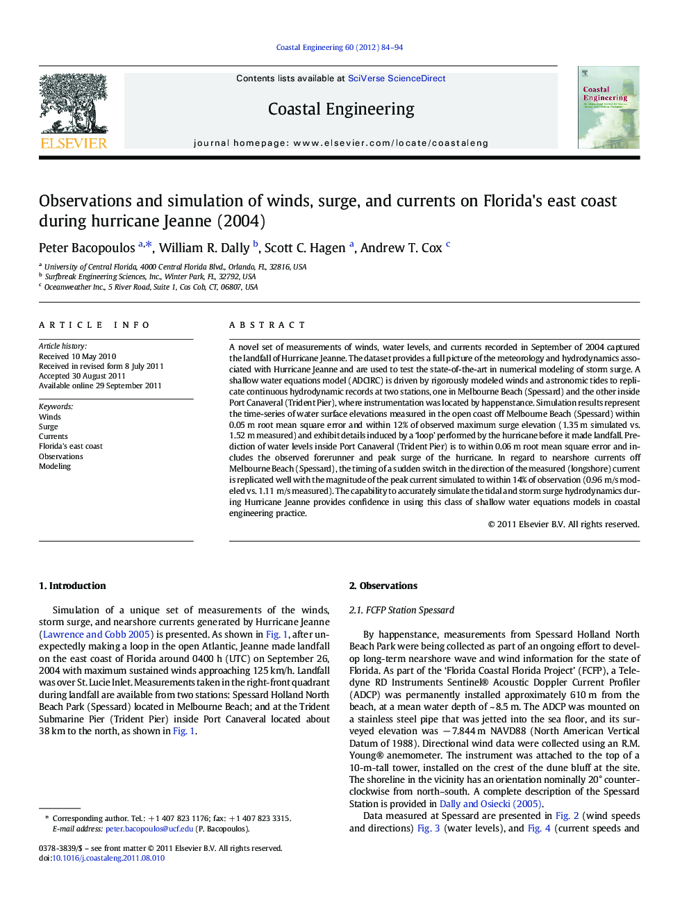 Observations and simulation of winds, surge, and currents on Florida's east coast during hurricane Jeanne (2004)