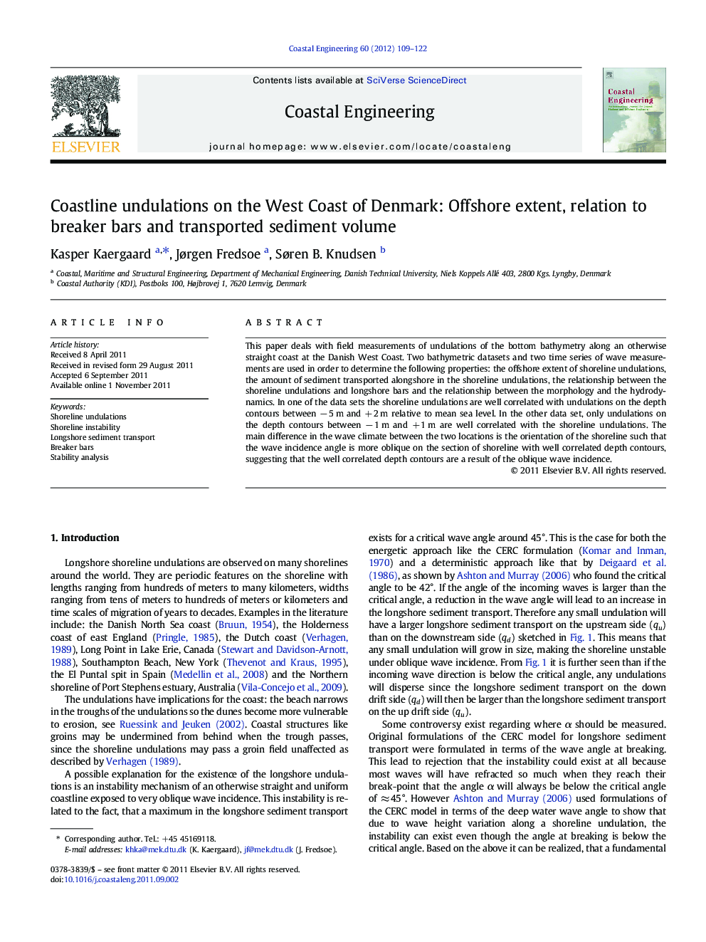 Coastline undulations on the West Coast of Denmark: Offshore extent, relation to breaker bars and transported sediment volume