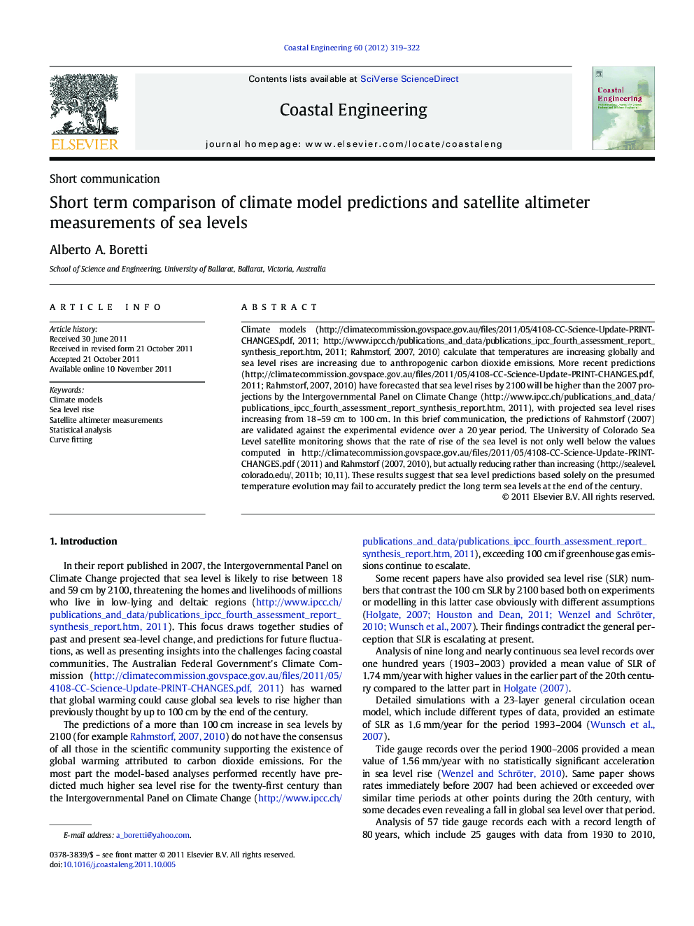 Short term comparison of climate model predictions and satellite altimeter measurements of sea levels