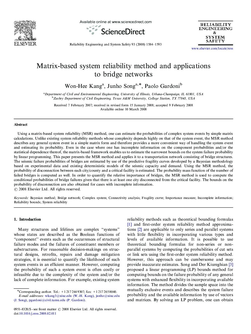 Matrix-based system reliability method and applications to bridge networks