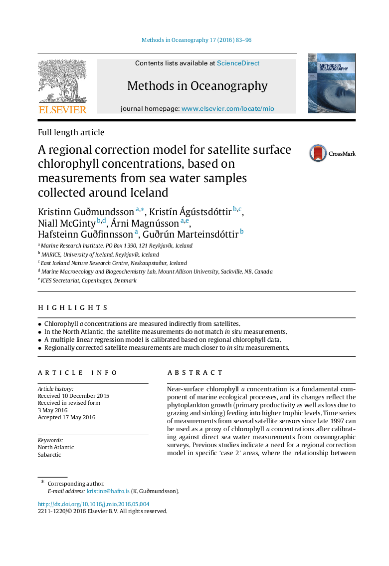 A regional correction model for satellite surface chlorophyll concentrations, based on measurements from sea water samples collected around Iceland