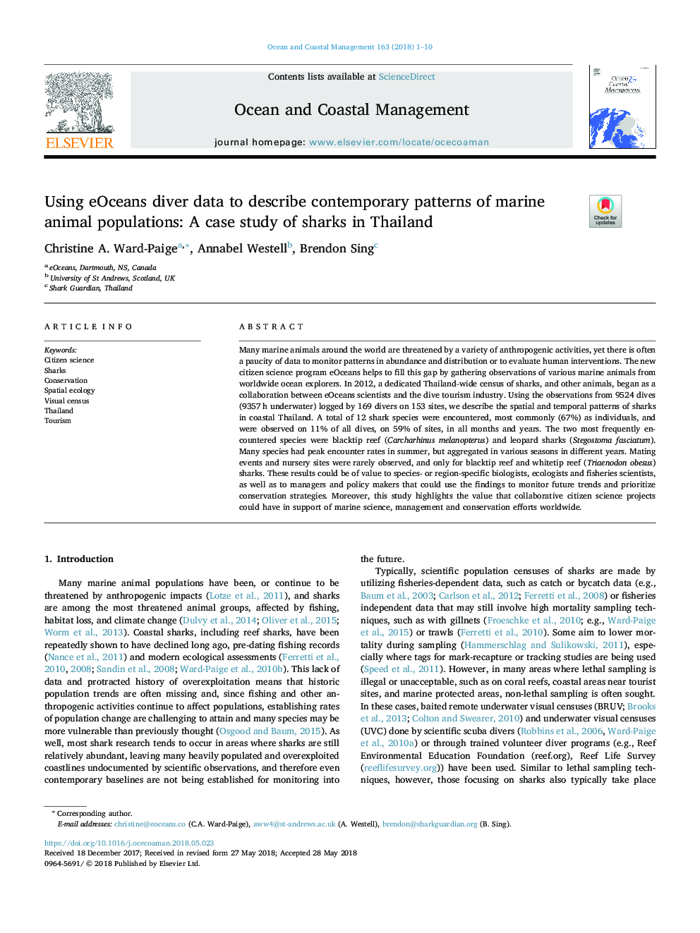 Using eOceans diver data to describe contemporary patterns of marine animal populations: A case study of sharks in Thailand