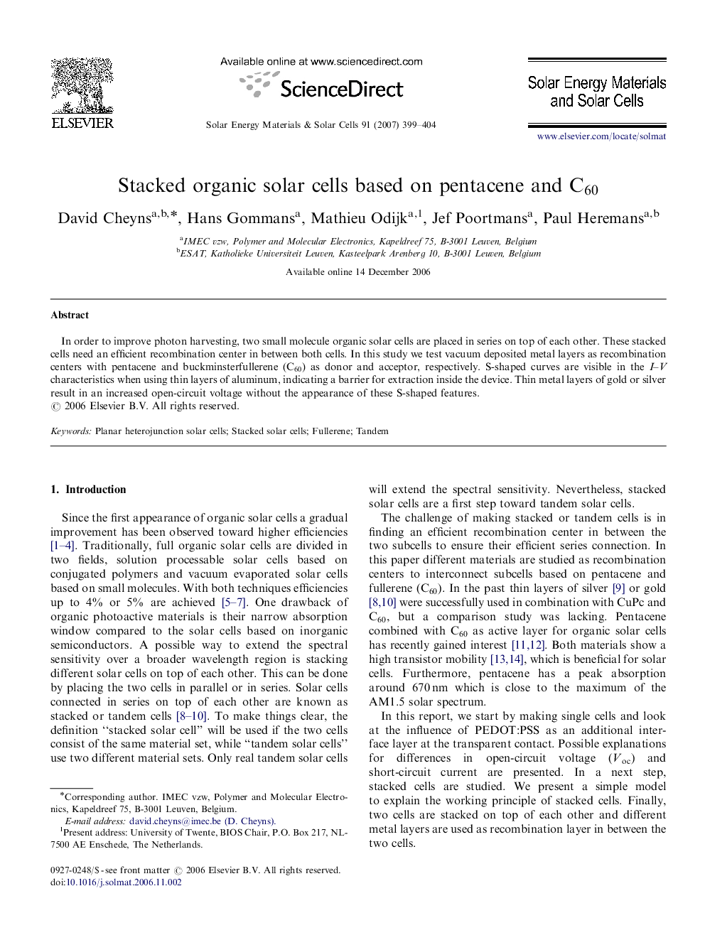 Stacked organic solar cells based on pentacene and C60C60