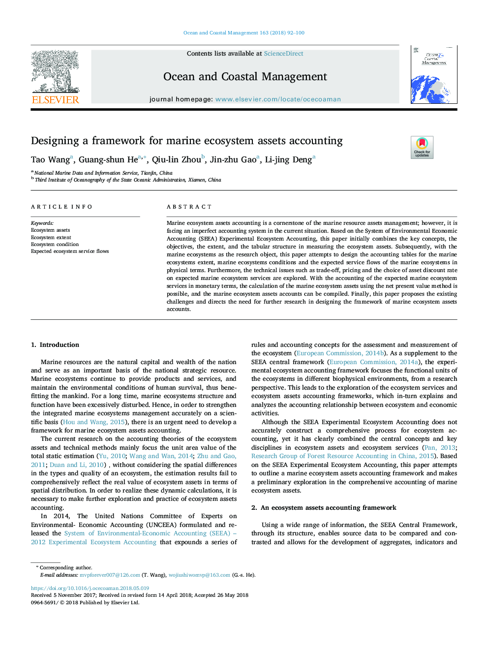 Designing a framework for marine ecosystem assets accounting