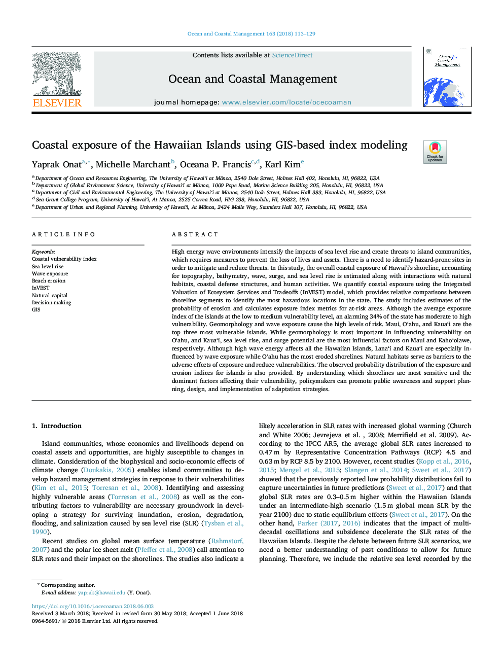 Coastal exposure of the Hawaiian Islands using GIS-based index modeling