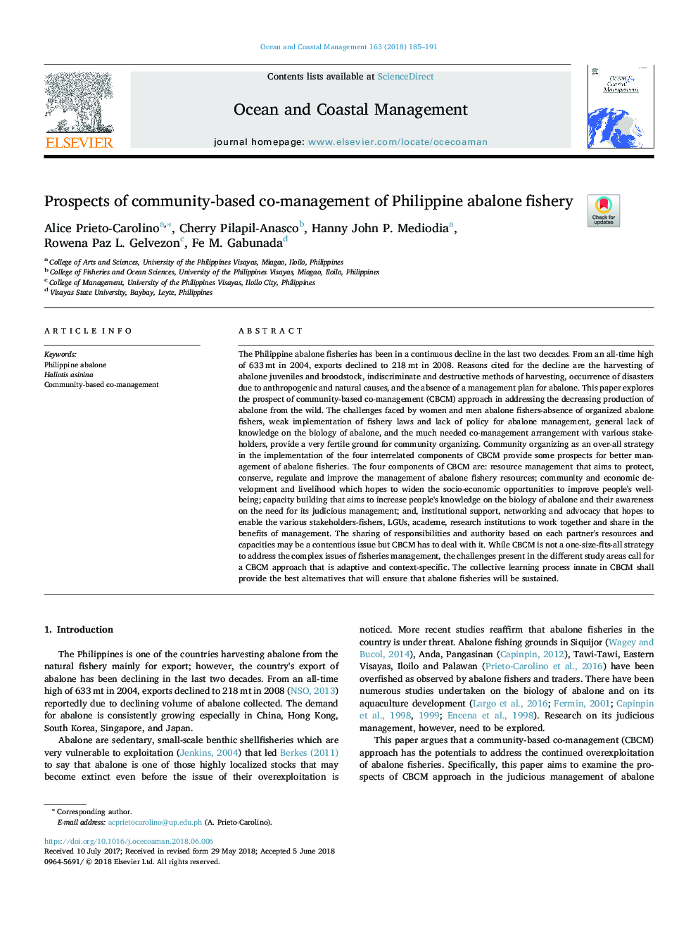 Prospects of community-based co-management of Philippine abalone fishery