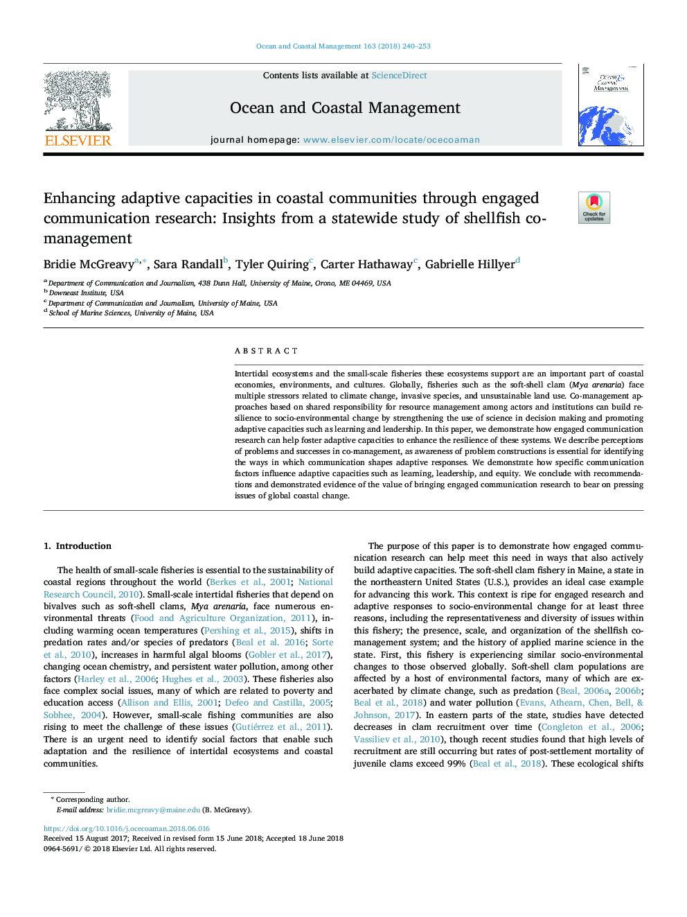 Enhancing adaptive capacities in coastal communities through engaged communication research: Insights from a statewide study of shellfish co-management