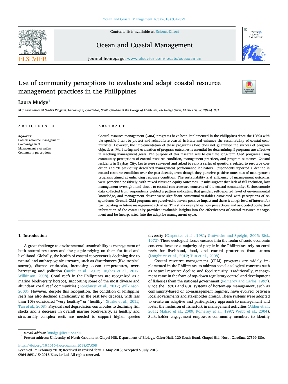 استفاده از ادراکات جامعه برای ارزیابی و تطبیق شیوه های مدیریت منابع ساحلی در فیلیپین 
