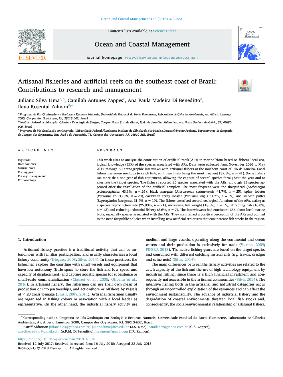 Artisanal fisheries and artificial reefs on the southeast coast of Brazil: Contributions to research and management