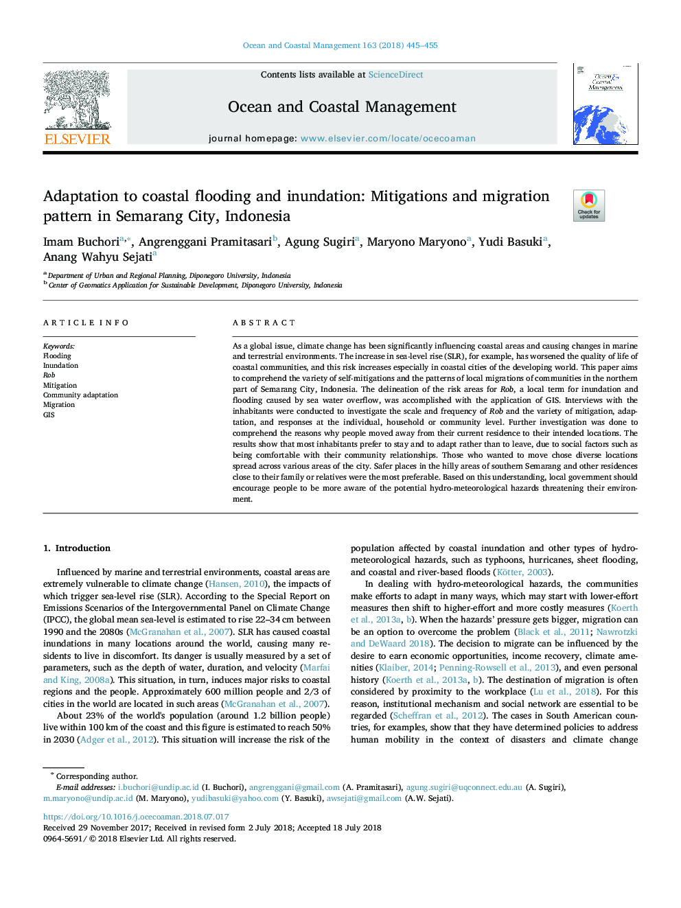 Adaptation to coastal flooding and inundation: Mitigations and migration pattern in Semarang City, Indonesia