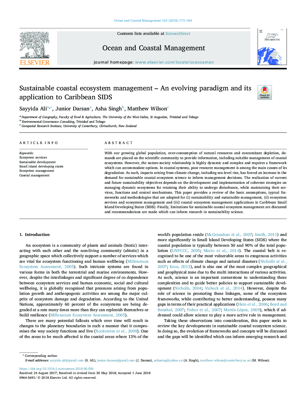 Sustainable coastal ecosystem management - An evolving paradigm and its application to Caribbean SIDS