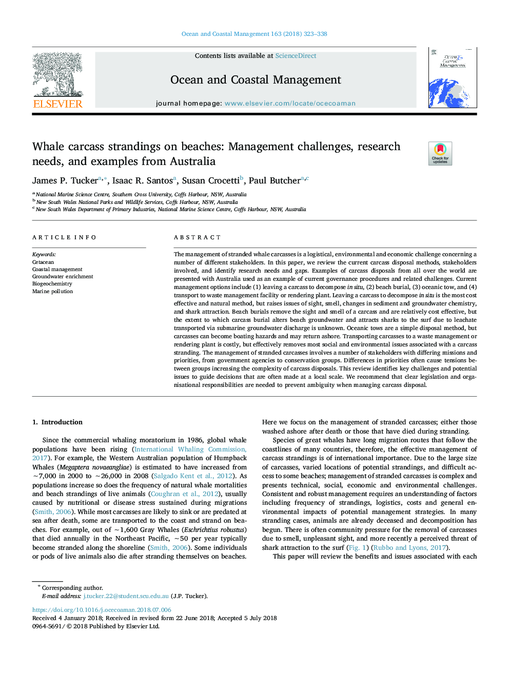 Whale carcass strandings on beaches: Management challenges, research needs, and examples from Australia