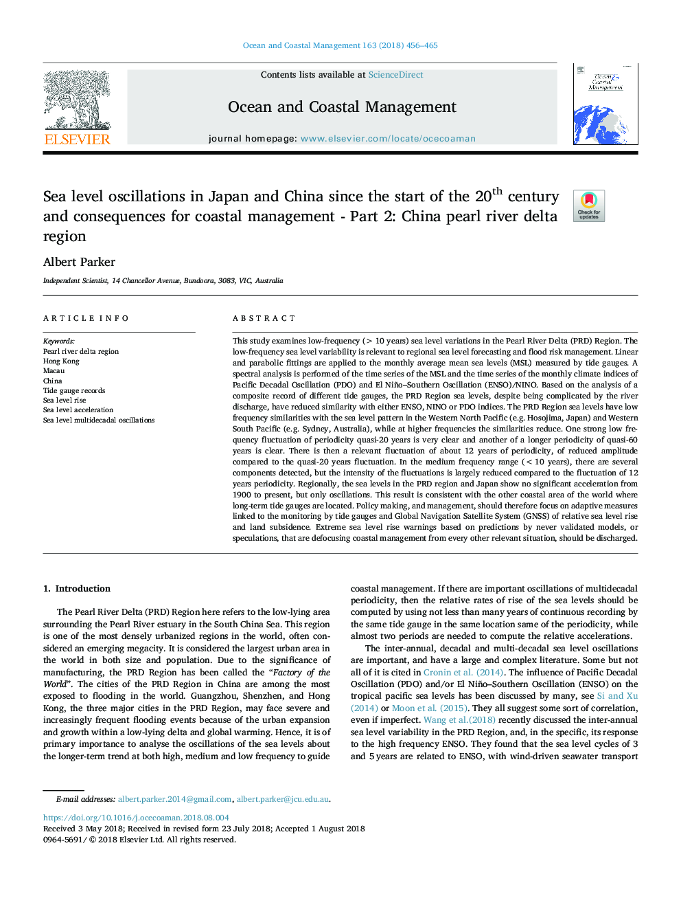 Sea level oscillations in Japan and China since the start of the 20th century and consequences for coastal management - Part 2: China pearl river delta region