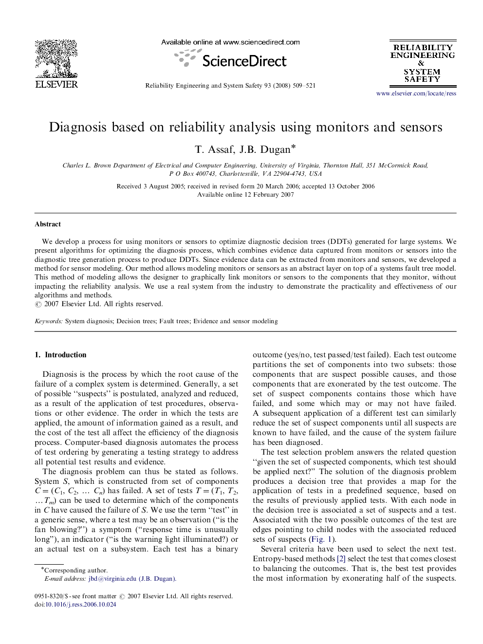 Diagnosis based on reliability analysis using monitors and sensors