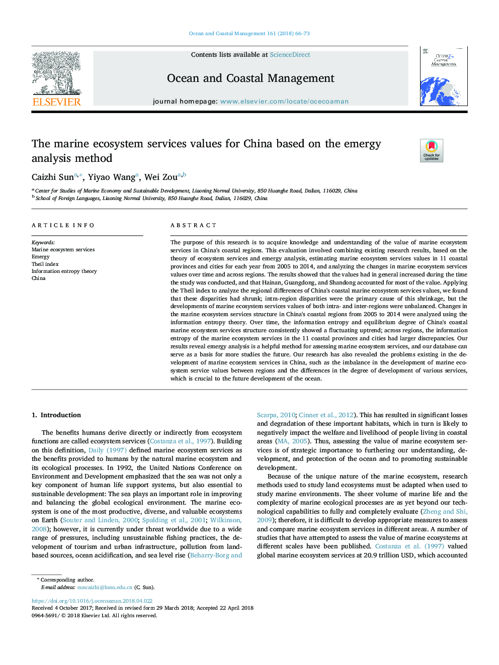 The marine ecosystem services values for China based on the emergy analysis method