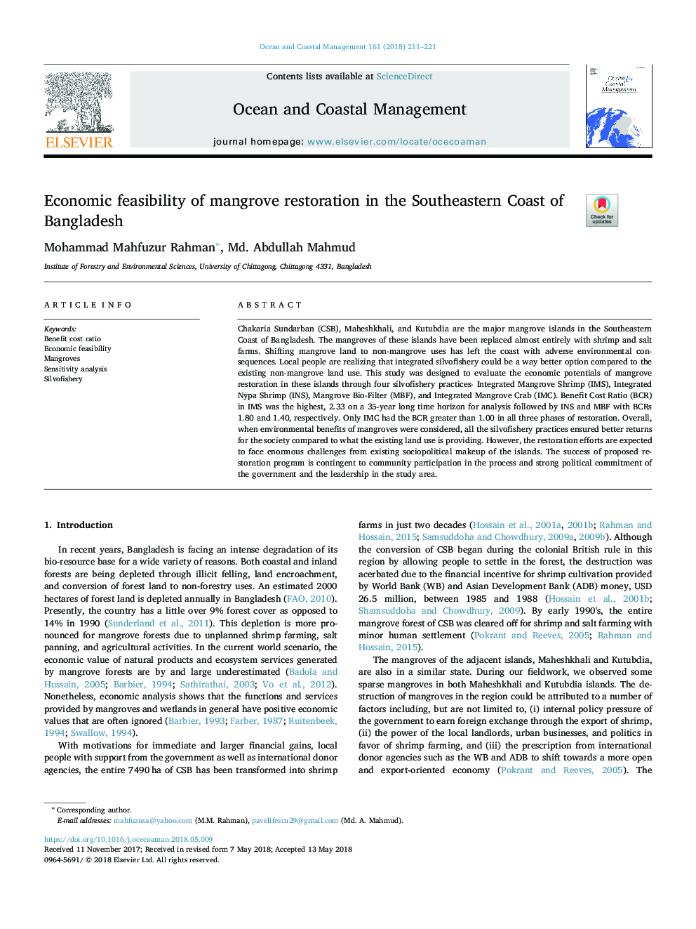 Economic feasibility of mangrove restoration in the Southeastern Coast of Bangladesh