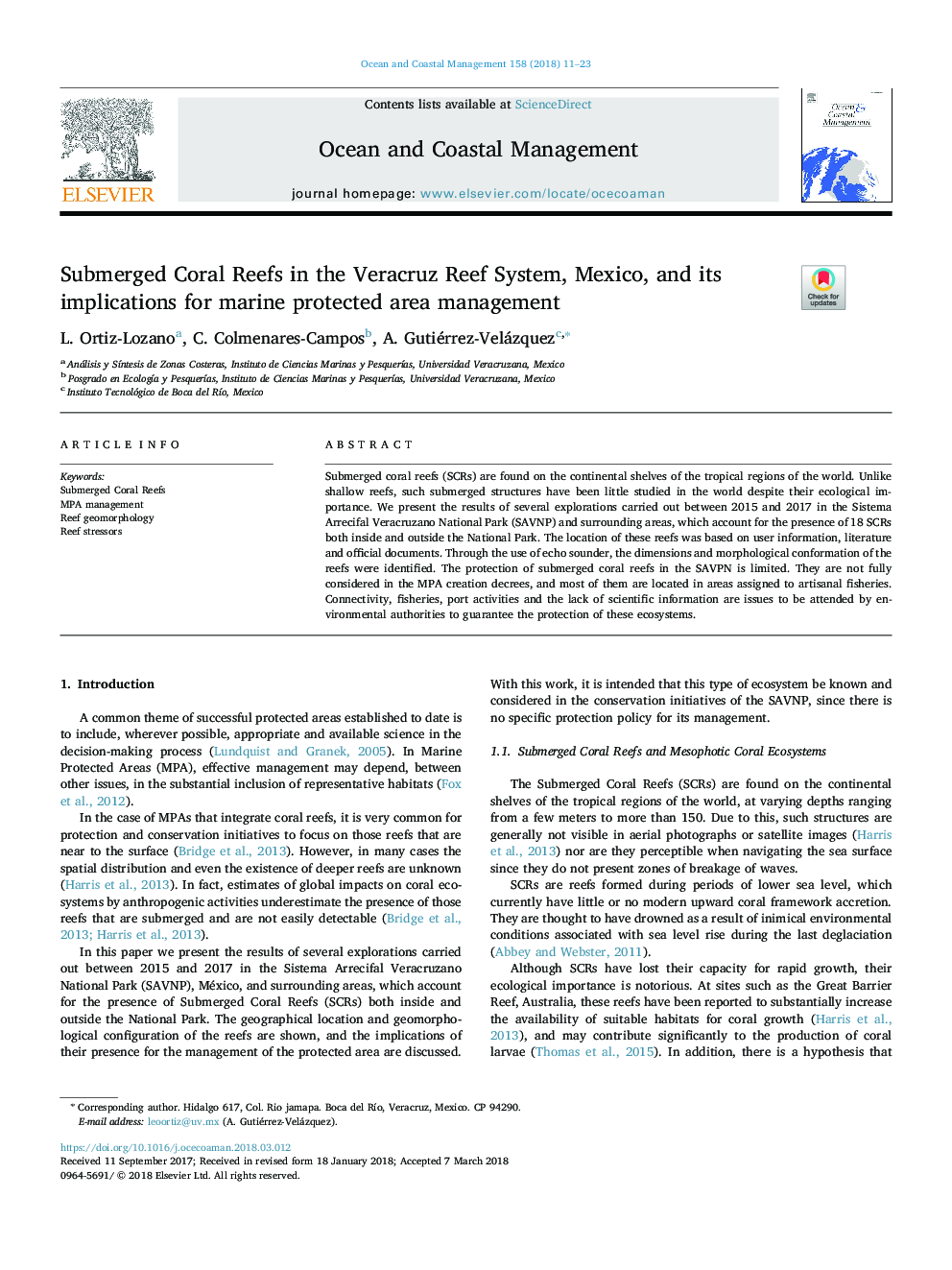 Submerged Coral Reefs in the Veracruz Reef System, Mexico, and its implications for marine protected area management