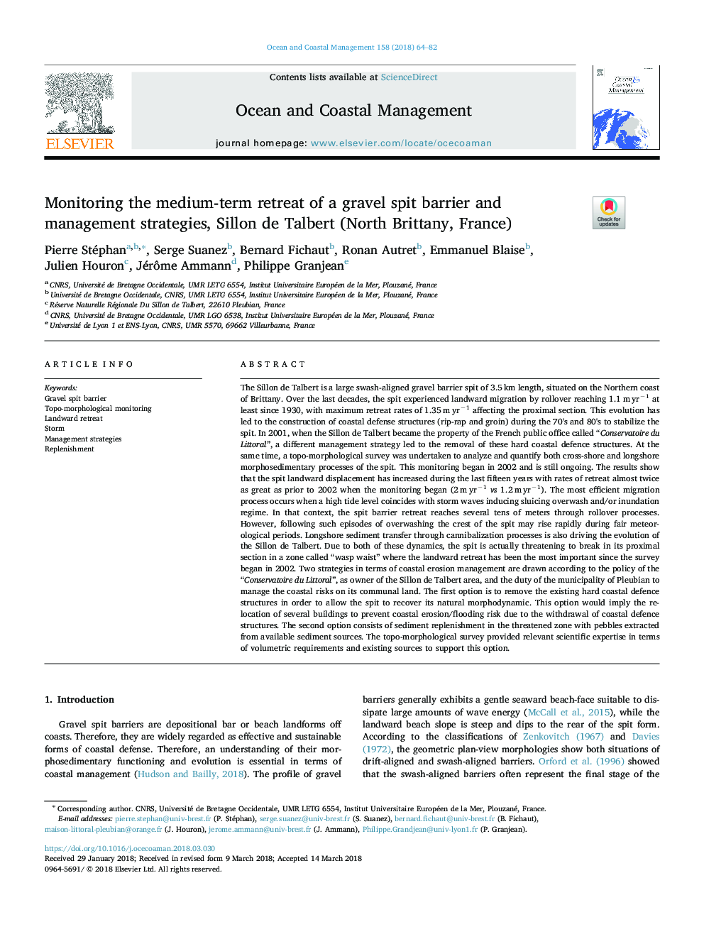 Monitoring the medium-term retreat of a gravel spit barrier and management strategies, Sillon de Talbert (North Brittany, France)