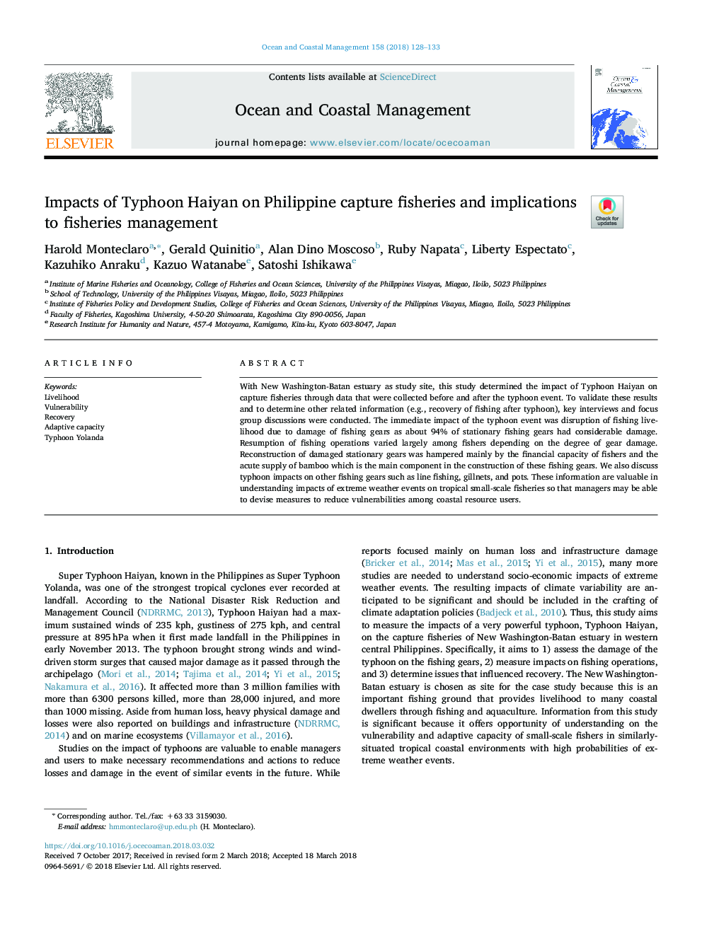 Impacts of Typhoon Haiyan on Philippine capture fisheries and implications to fisheries management