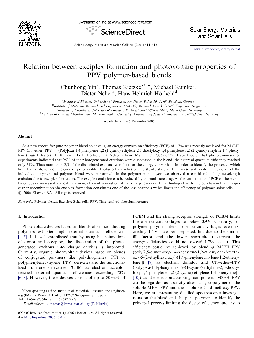 Relation between exciplex formation and photovoltaic properties of PPV polymer-based blends