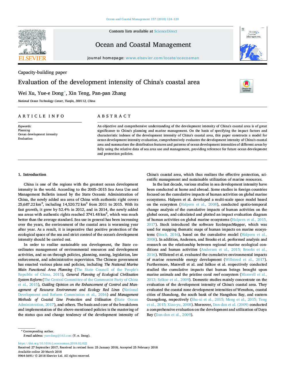 Evaluation of the development intensity of China's coastal area