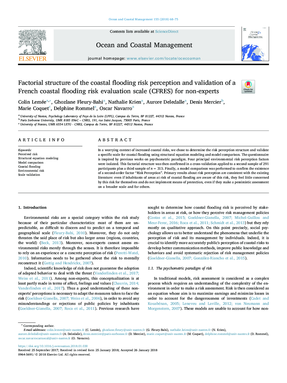 Factorial structure of the coastal flooding risk perception and validation of a French coastal flooding risk evaluation scale (CFRES) for non-experts