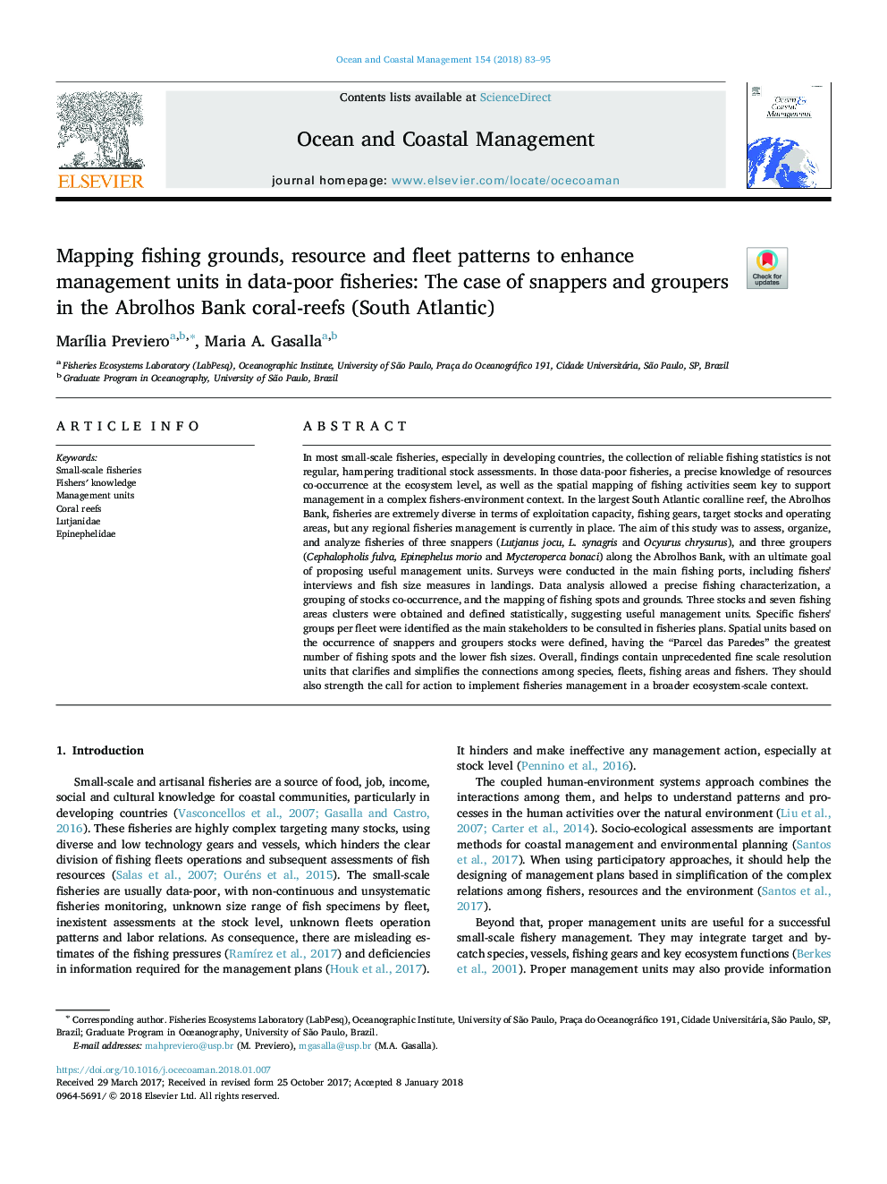 Mapping fishing grounds, resource and fleet patterns to enhance management units in data-poor fisheries: The case of snappers and groupers in the Abrolhos Bank coral-reefs (South Atlantic)