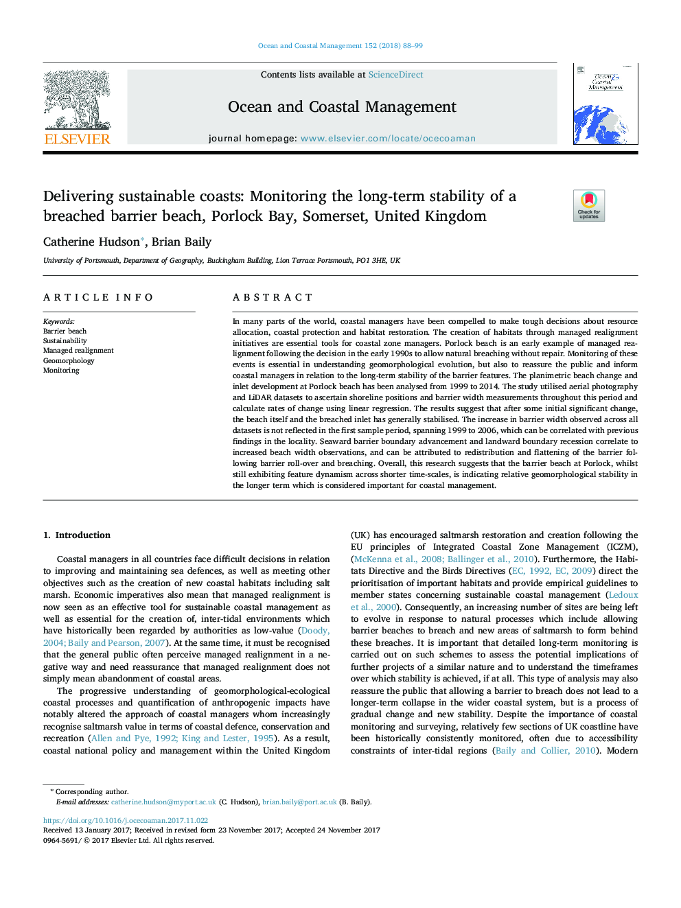 Delivering sustainable coasts: Monitoring the long-term stability of a breached barrier beach, Porlock Bay, Somerset, United Kingdom