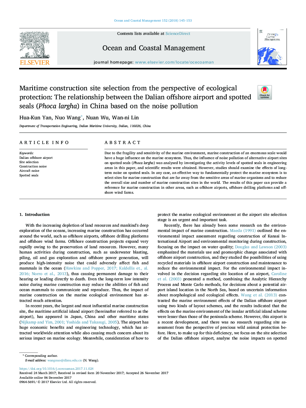 Maritime construction site selection from the perspective of ecological protection: The relationship between the Dalian offshore airport and spotted seals (Phoca largha) in China based on the noise pollution