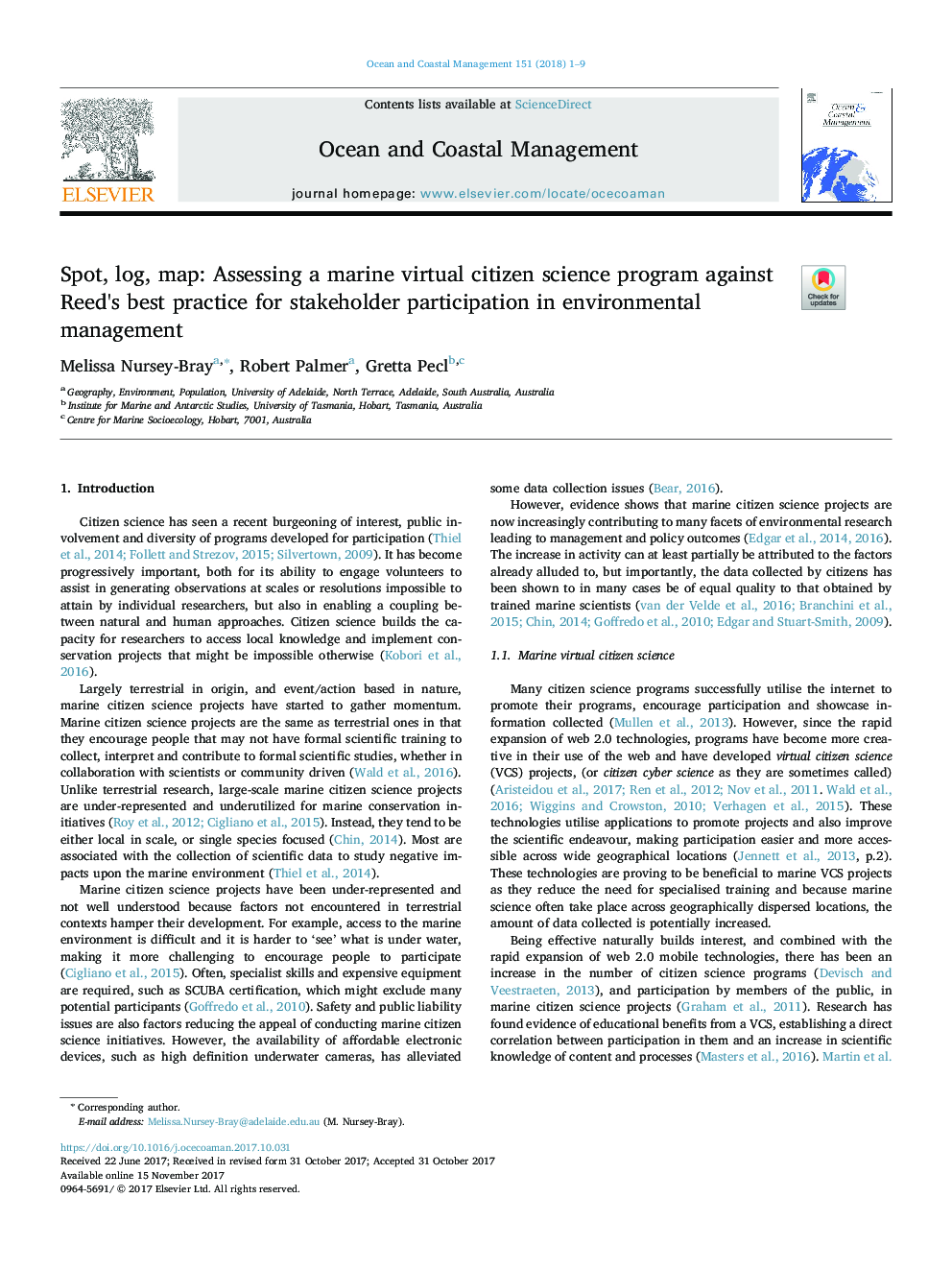 Spot, log, map: Assessing a marine virtual citizen science program against Reed's best practice for stakeholder participation in environmental management