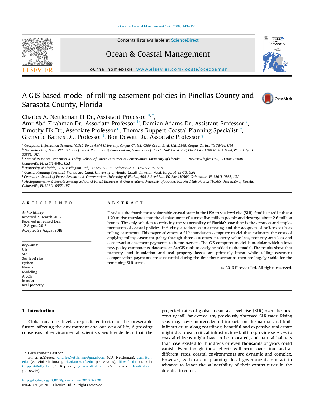 A GIS based model of rolling easement policies in Pinellas County and Sarasota County, Florida