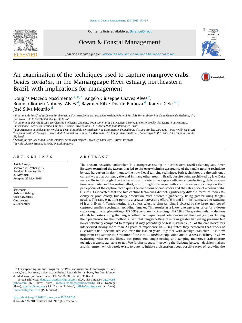 An examination of the techniques used to capture mangrove crabs, Ucides cordatus, in the Mamanguape River estuary, northeastern Brazil, with implications for management