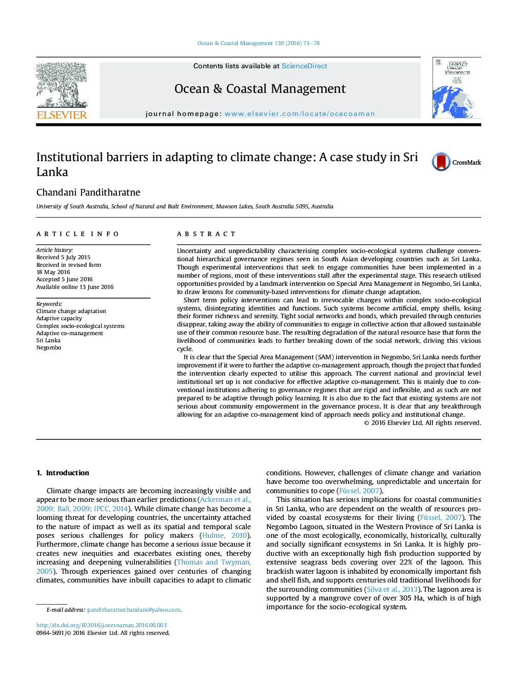 Institutional barriers in adapting to climate change: A case study in Sri Lanka