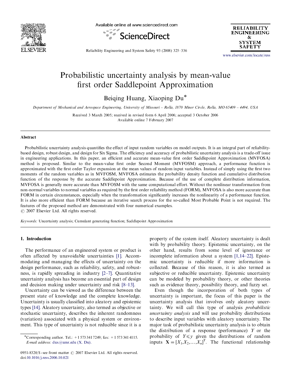 Probabilistic uncertainty analysis by mean-value first order Saddlepoint Approximation