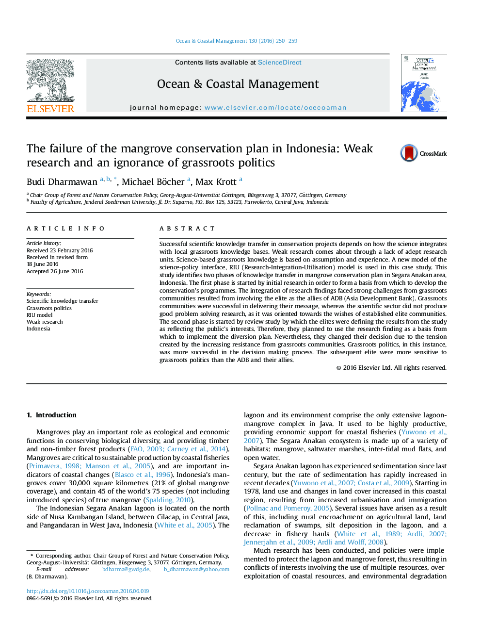 The failure of the mangrove conservation plan in Indonesia: Weak research and an ignorance of grassroots politics