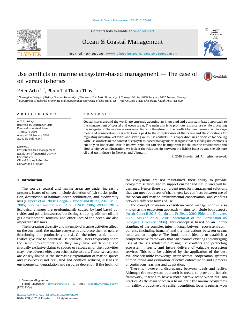 Use conflicts in marine ecosystem-based management - The case of oil versus fisheries