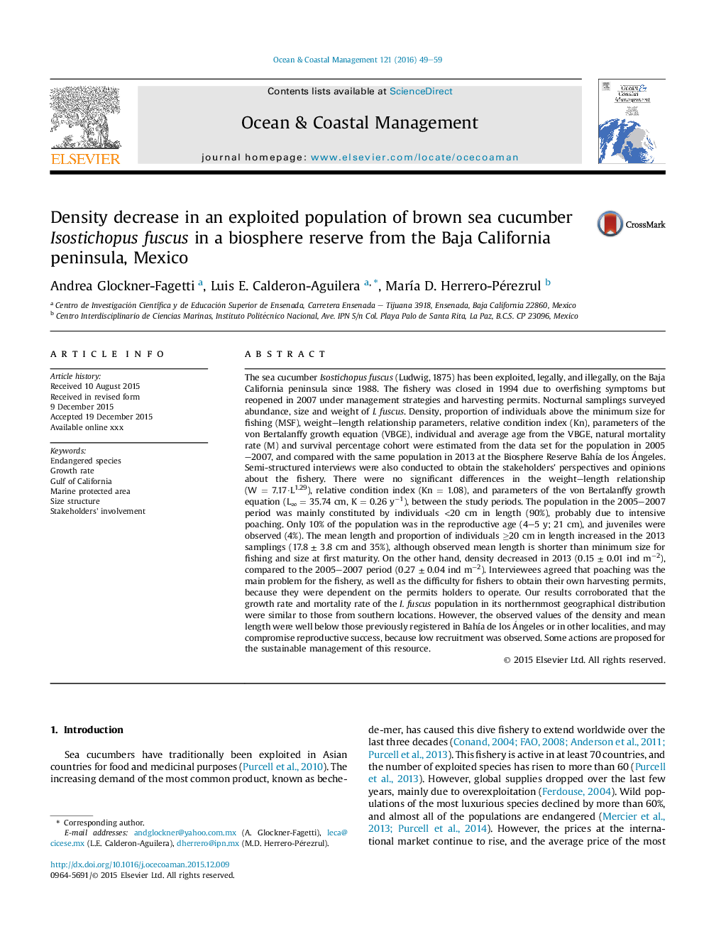 Density decrease in an exploited population of brown sea cucumber Isostichopus fuscus in a biosphere reserve from the Baja California peninsula, Mexico