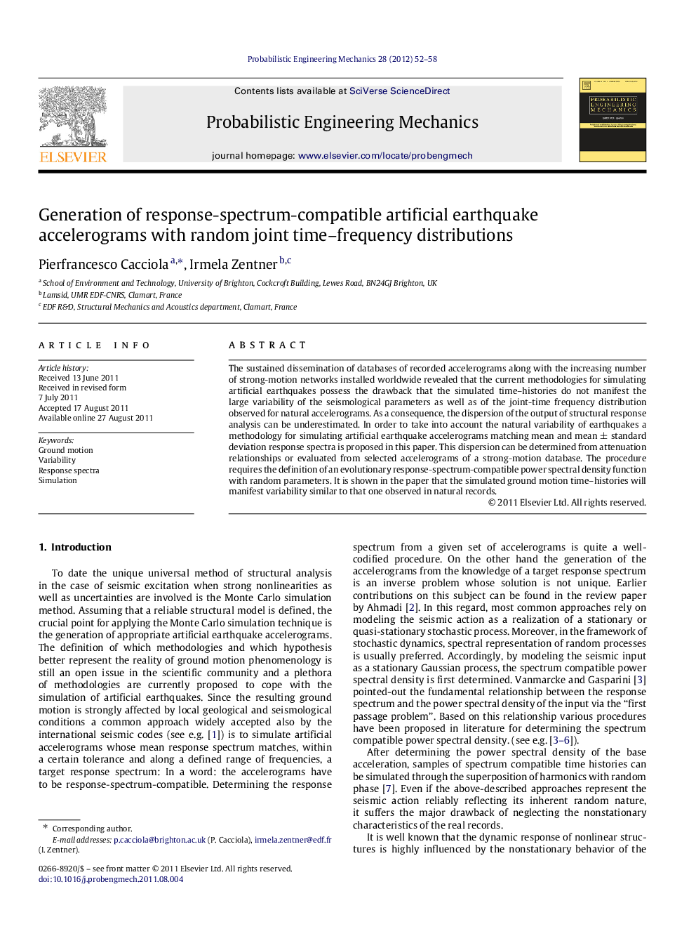 Generation of response-spectrum-compatible artificial earthquake accelerograms with random joint time–frequency distributions