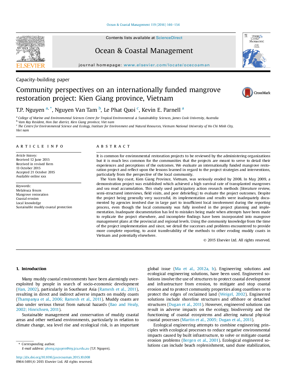 Community perspectives on an internationally funded mangrove restoration project: Kien Giang province, Vietnam